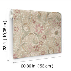 The Chesapeake Liora Floral Trail Wallpaper by York Wallcoverings features a floral pattern with pink and cream flowers and green leaves. Each roll measures 33 ft (10.05 m) in length and 20.86 in (53 cm) in width.