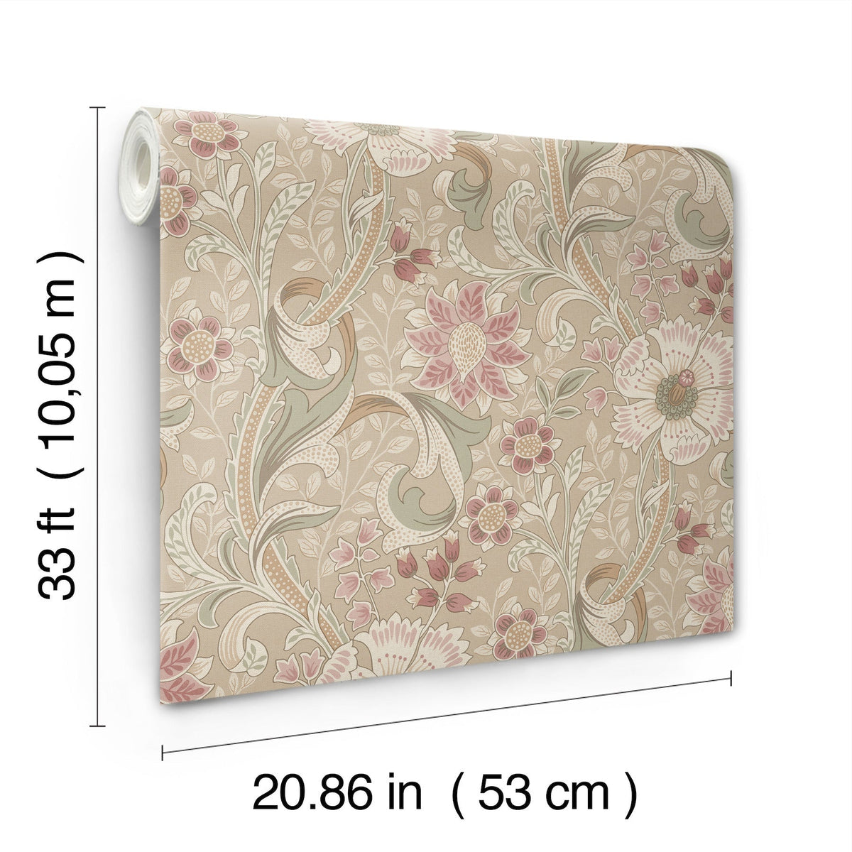 The Chesapeake Liora Floral Trail Wallpaper by York Wallcoverings features a beige, pink, and green floral pattern and comes in a roll measuring 33 ft (10.05 m) long and 20.86 in (53 cm) wide.