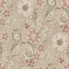 Introducing the Chesapeake Liora Floral Trail Wallpaper by York Wallcoverings—a seamless and intricate vintage floral pattern featuring oversized pink and cream flowers, lush green leaves, and graceful swirling vines set against a sophisticated beige background. This elegant design evokes the timeless charm of classic Victorian wallpaper style.