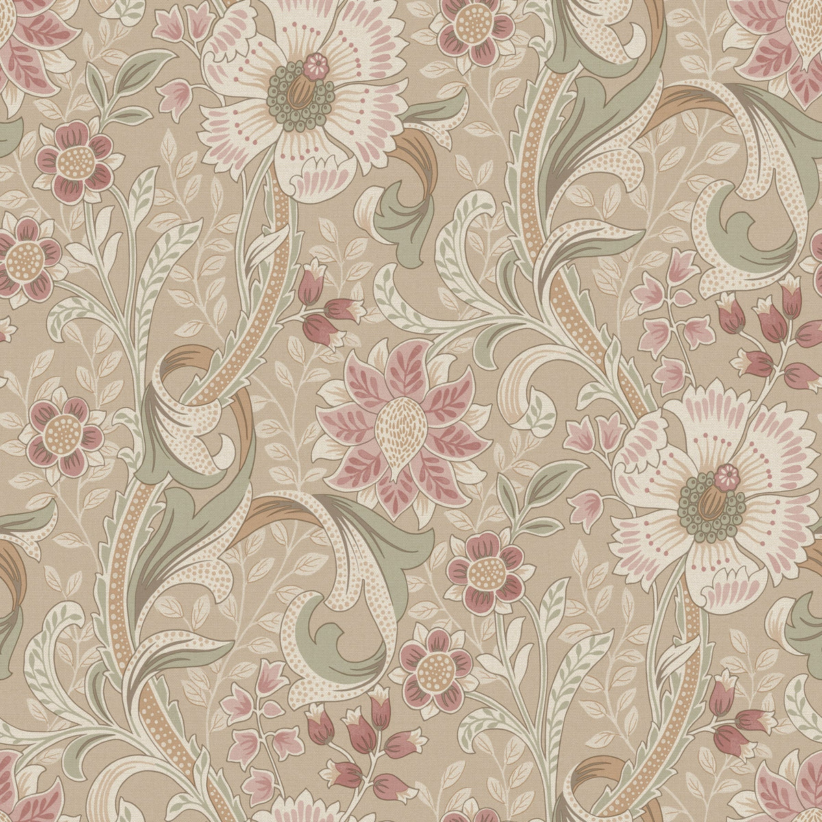 Introducing the Chesapeake Liora Floral Trail Wallpaper by York Wallcoverings—a seamless and intricate vintage floral pattern featuring oversized pink and cream flowers, lush green leaves, and graceful swirling vines set against a sophisticated beige background. This elegant design evokes the timeless charm of classic Victorian wallpaper style.
