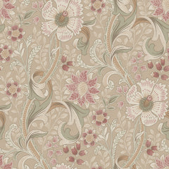 Introducing the Chesapeake Liora Floral Trail Wallpaper by York Wallcoverings—a seamless and intricate vintage floral pattern featuring oversized pink and cream flowers, lush green leaves, and graceful swirling vines set against a sophisticated beige background. This elegant design evokes the timeless charm of classic Victorian wallpaper style.