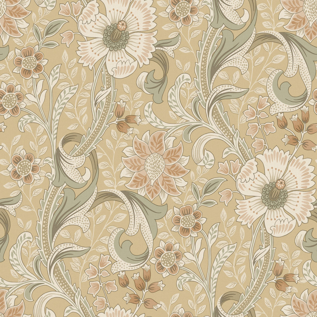 The Chesapeake Liora Floral Trail Wallpaper by York Wallcoverings features a vintage-inspired pattern of large, detailed flowers, swirling leaves, and small buds in beige and muted green tones.