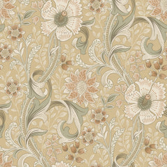The Chesapeake Liora Floral Trail Wallpaper by York Wallcoverings features a vintage-inspired pattern of large, detailed flowers, swirling leaves, and small buds in beige and muted green tones.