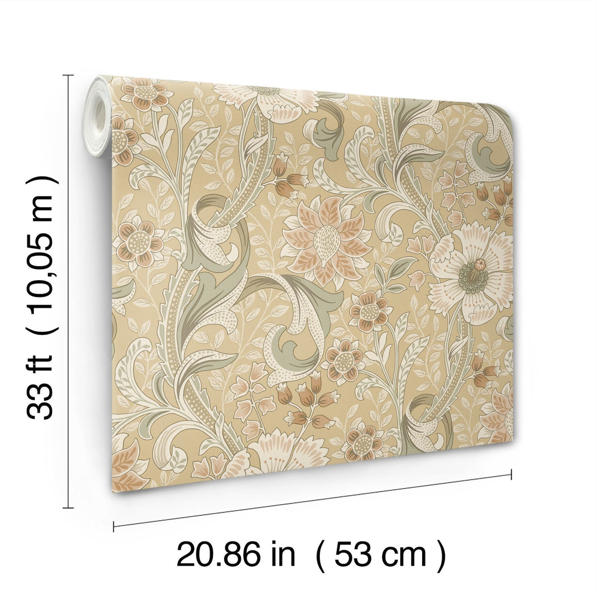 The Chesapeake Liora Floral Trail Wallpaper by York Wallcoverings features a beige background with green and white leaves and flowers. Each roll measures 33 ft (10.05 m) in length and 20.86 in (53 cm) in width.
