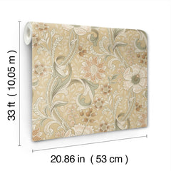 The Chesapeake Liora Floral Trail Wallpaper by York Wallcoverings features a beige floral design with intricate patterns and comes in a roll measuring 33 ft (10.05 m) long and 20.86 in (53 cm) wide.