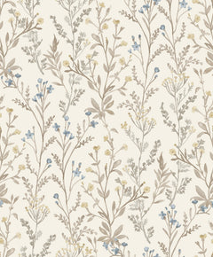 Chesapeake Laverne Wildflowers Wallpaper by York Wallcoverings features a seamless pattern of delicate, hand-drawn wildflowers and leaves in soft beige, brown, blue, and yellow tones on a light cream background.