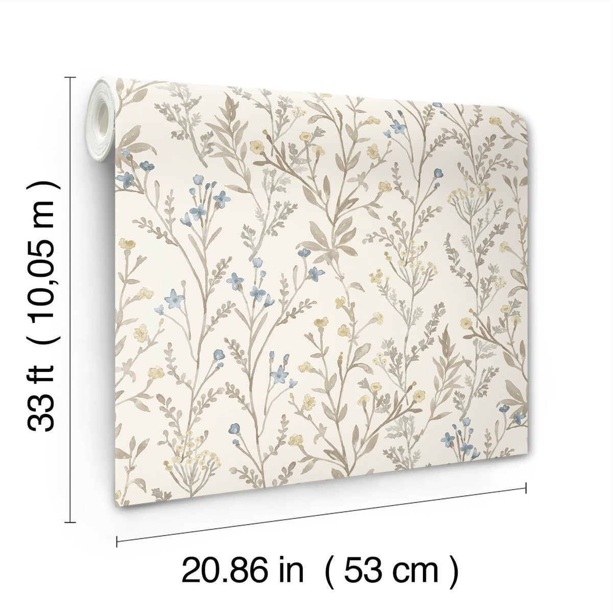 The York Wallcoverings Chesapeake Laverne Wildflowers Wallpaper features a beige background adorned with blue and brown floral patterns. Each roll measures 33 ft (10.05 m) in length and 20.86 in (53 cm) in width.