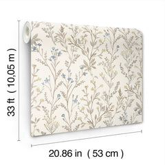 The York Wallcoverings Chesapeake Laverne Wildflowers Wallpaper features a beige background adorned with blue and brown floral patterns. Each roll measures 33 ft (10.05 m) in length and 20.86 in (53 cm) in width.