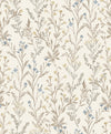 The Chesapeake Laverne Wildflowers Wallpaper by York Wallcoverings features a seamless vintage botanical pattern of delicate wildflowers and leaves in beige, brown, blue, and yellow tones on a light background.