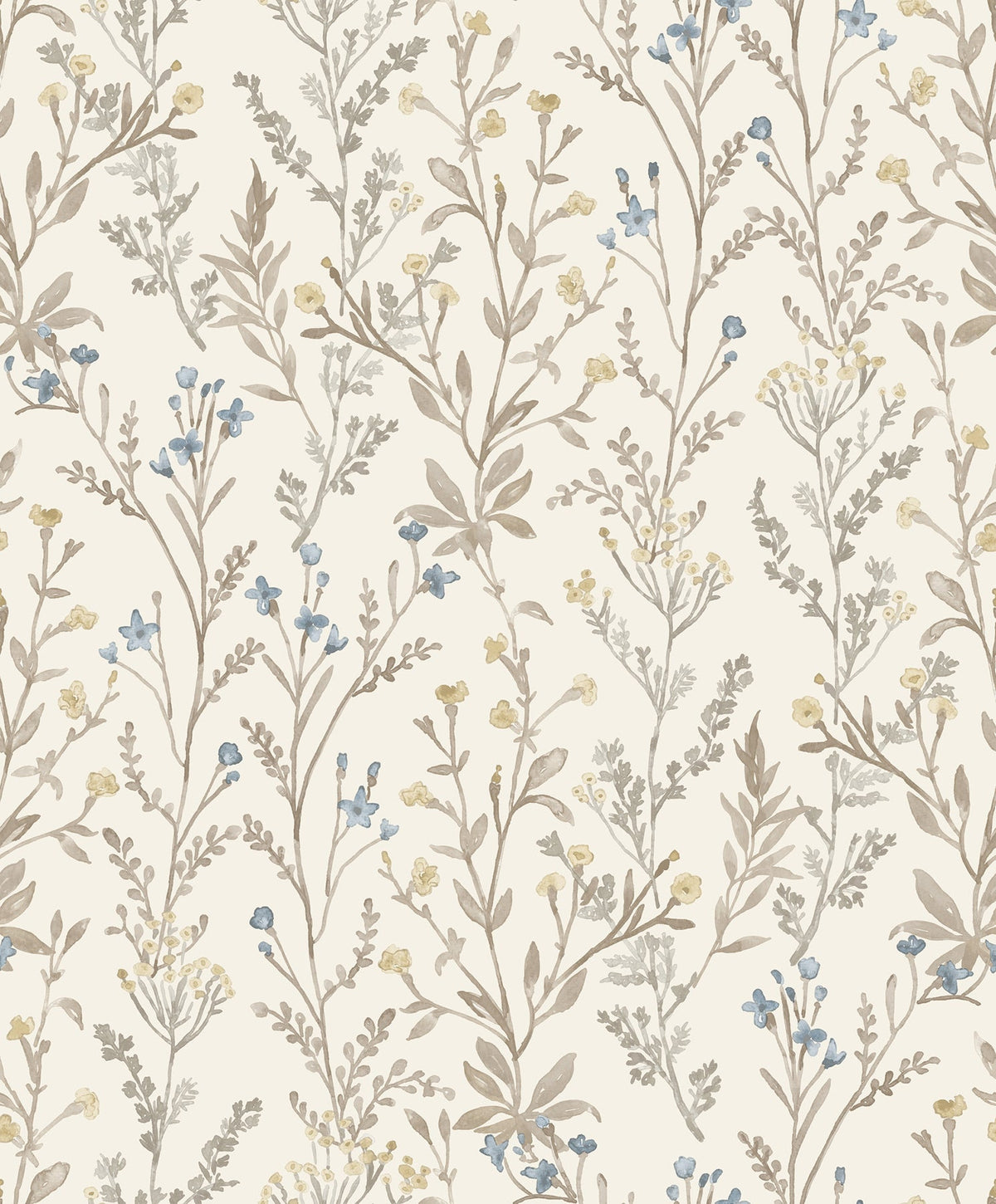 The Chesapeake Laverne Wildflowers Wallpaper by York Wallcoverings features a seamless vintage botanical pattern of delicate wildflowers and leaves in beige, brown, blue, and yellow tones on a light background.
