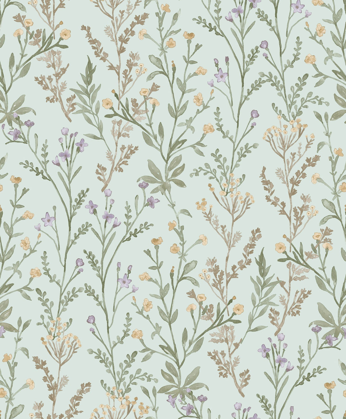 Bring a soft, vintage, and nature-inspired touch to your space with the Chesapeake Laverne Wildflowers Wallpaper from York Wallcoverings. This design features a seamless pattern of delicate wildflowers and leaves in muted greens, yellows, and purples set against a light pastel background.
