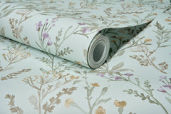 The Chesapeake Laverne Wildflowers Wallpaper by York Wallcoverings features a botanical pattern with green leaves and purple and yellow flowers on a light background.
