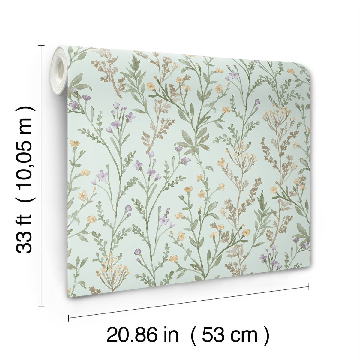 The Chesapeake Laverne Wildflowers Wallpaper by York Wallcoverings is a roll of wallpaper featuring delicate, pastel botanical designs. It measures 33 feet (10.05 meters) in length and 20.86 inches (53 centimeters) in width.