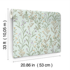 The Chesapeake Laverne Wildflowers Wallpaper by York Wallcoverings is a roll of wallpaper featuring delicate, pastel botanical designs. It measures 33 feet (10.05 meters) in length and 20.86 inches (53 centimeters) in width.