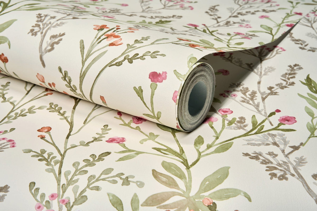 The Chesapeake Laverne Wildflowers Wallpaper by York Wallcoverings features a floral pattern with green leaves and small pink, orange, and brown flowers on a light background.