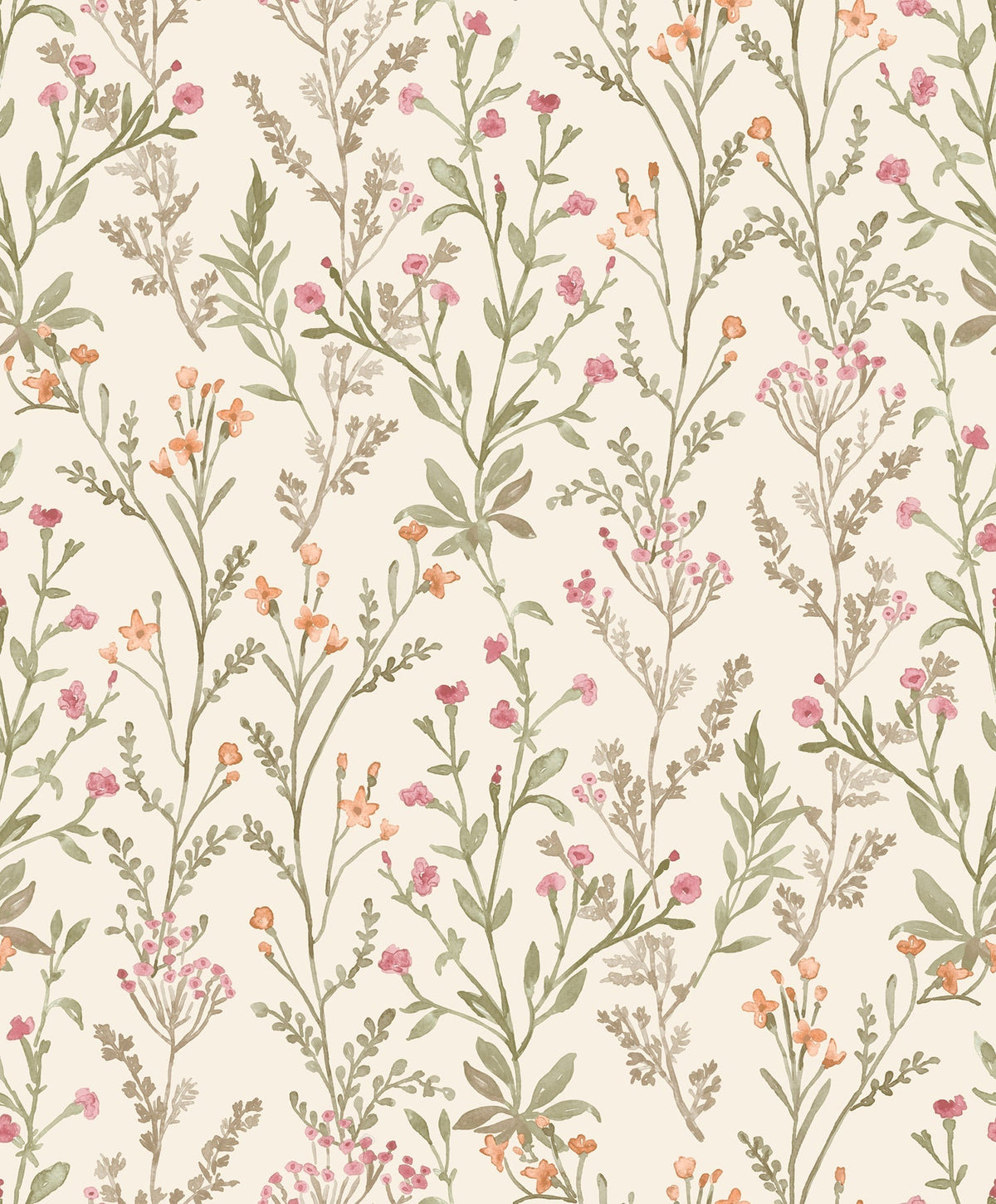The Chesapeake Laverne Wildflowers Wallpaper by York Wallcoverings features a seamless pattern of delicate, hand-drawn wildflowers and green leaves adorned with pink and orange blossoms on a light beige background. This soft, natural, and vintage-inspired design brings timeless charm to any space.