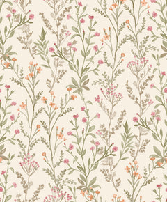 The Chesapeake Laverne Wildflowers Wallpaper by York Wallcoverings features a seamless pattern of delicate, hand-drawn wildflowers and green leaves adorned with pink and orange blossoms on a light beige background. This soft, natural, and vintage-inspired design brings timeless charm to any space.