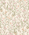 Chesapeake Laverne Wildflowers Wallpaper by York Wallcoverings features a seamless pattern of delicate, hand-drawn wildflowers with green stems and leaves, showcasing pink and orange blossoms on a light cream background.