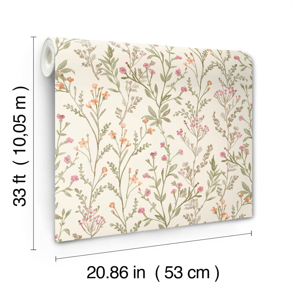 Chesapeake Laverne Wildflowers Wallpaper by York Wallcoverings features a cream background adorned with pink, orange, and green botanical patterns. Each roll measures 33 ft (10.05 m) in length and 20.86 in (53 cm) in width.