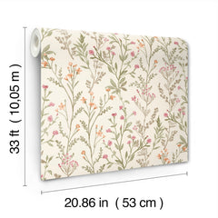 Chesapeake Laverne Wildflowers Wallpaper by York Wallcoverings features a cream background adorned with pink, orange, and green botanical patterns. Each roll measures 33 ft (10.05 m) in length and 20.86 in (53 cm) in width.