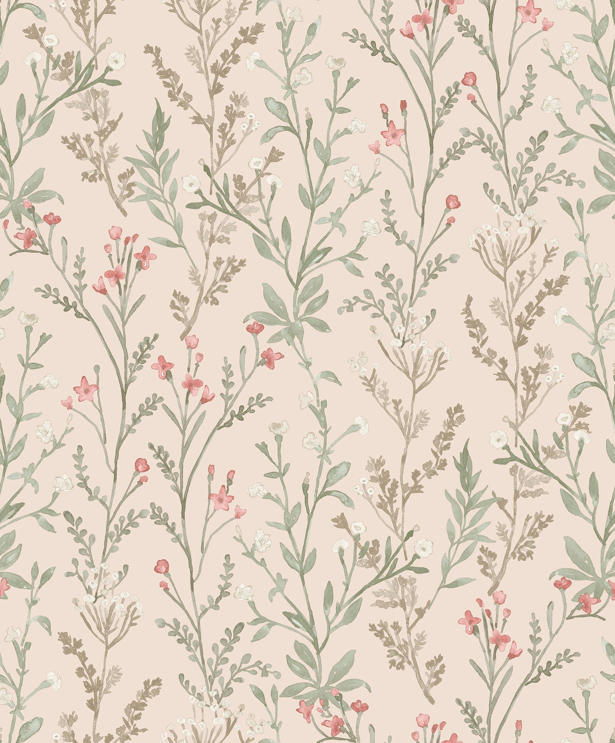 The Chesapeake Laverne Wildflowers Wallpaper by York Wallcoverings features a seamless pattern of delicate wildflowers and green leaves in pink, white, and beige tones set against a light beige background, creating a soft, vintage botanical design.