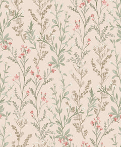 The Chesapeake Laverne Wildflowers Wallpaper by York Wallcoverings features a seamless pattern of delicate wildflowers and green leaves in pink, white, and beige tones set against a light beige background, creating a soft, vintage botanical design.