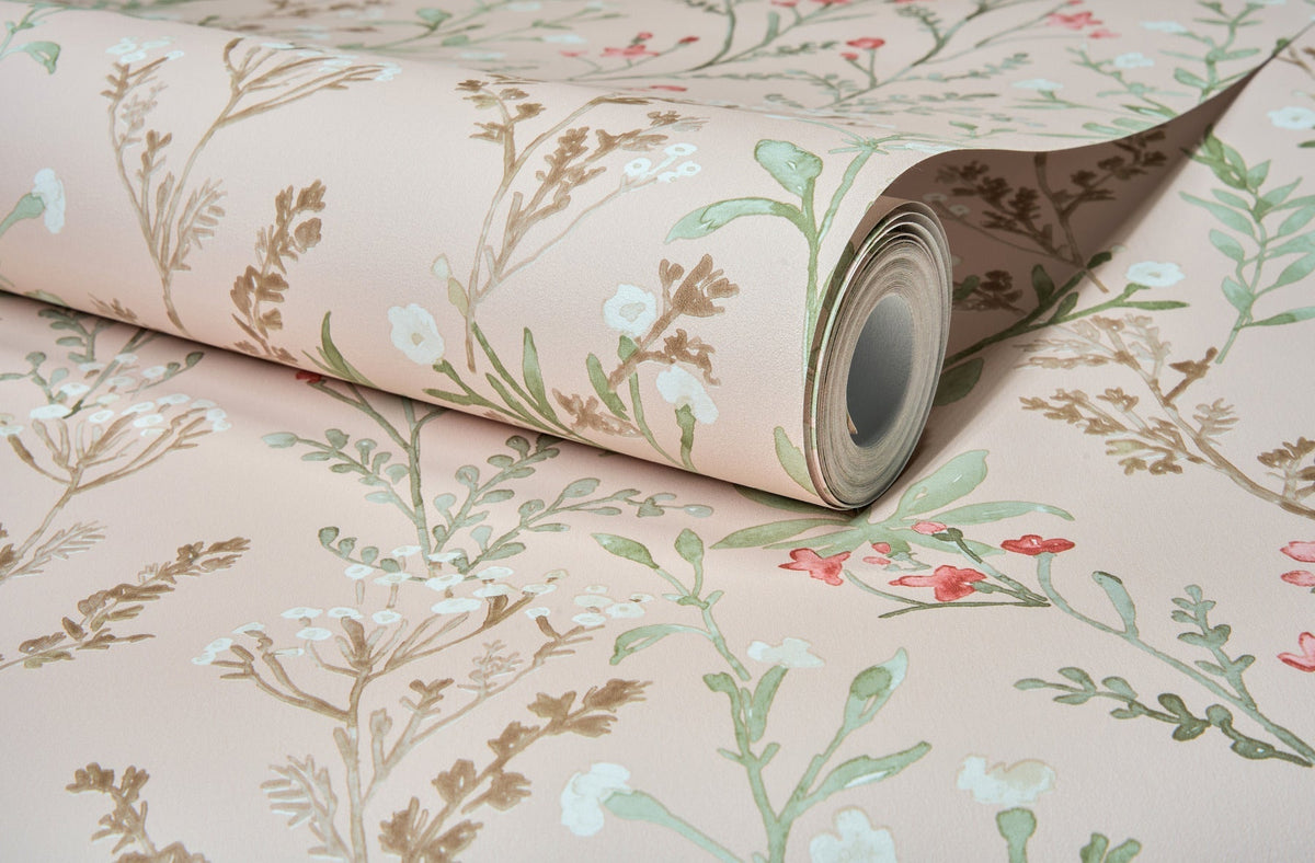 The Chesapeake Laverne Wildflowers Wallpaper by York Wallcoverings features a botanical pattern in shades of green, brown, white, and red, with delicate hand-painted flowers and leaves on a soft beige background.