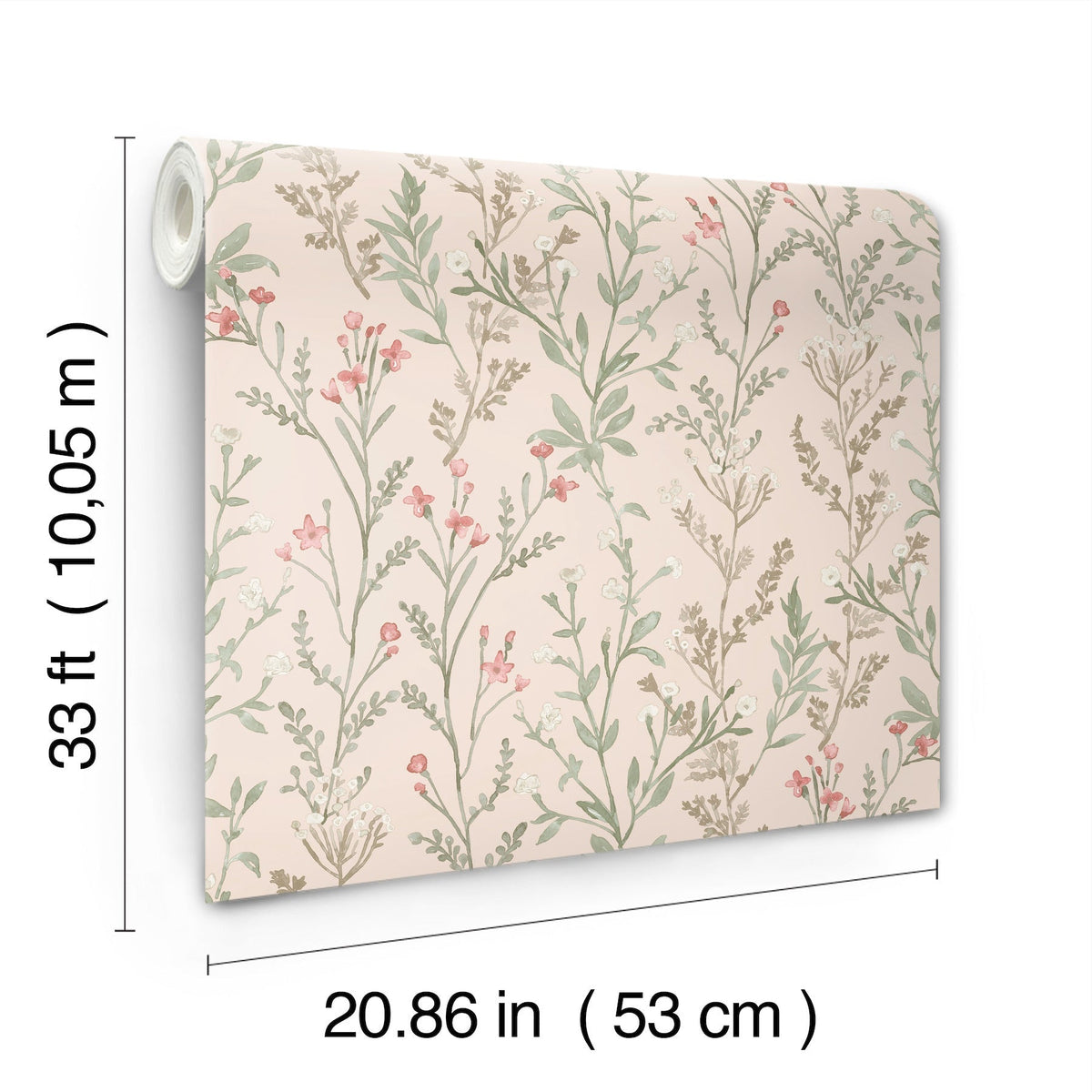 The Chesapeake Laverne Wildflowers Wallpaper by York Wallcoverings features a pink background adorned with green leaves and small pink flowers. Each roll measures 33 ft (10.05 m) long and 20.86 in (53 cm) wide.