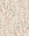 York Wallcoverings Chesapeake Laverne Wildflowers Wallpaper features a seamless pattern of delicate, hand-drawn wildflowers and leafy branches in muted green, pink, and beige tones on a light tan background. The soft, vintage-inspired design adds subtle charm to any space.