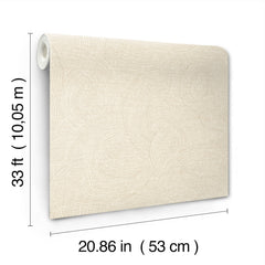 The Chesapeake Harrison Swirling Geometric Wallpaper by York Wallcoverings is shown in beige with a textured, swirling pattern. The roll measures 33 ft (10.05 m) in length and 20.86 in (53 cm) in width.