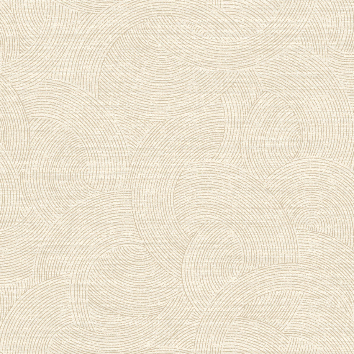 The Chesapeake Harrison Swirling Geometric Wallpaper by York Wallcoverings features a beige background adorned with an overlapping pattern of textured, concentric arcs and semicircles, creating a subtle and abstract geometric design.