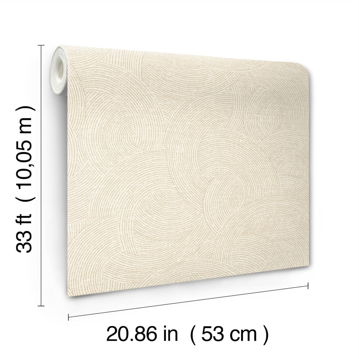 The Chesapeake Harrison Swirling Geometric Wallpaper by York Wallcoverings features a textured, swirling curved line pattern in beige and comes in a roll measuring 33 ft (10.05 m) long and 20.86 in (53 cm) wide.