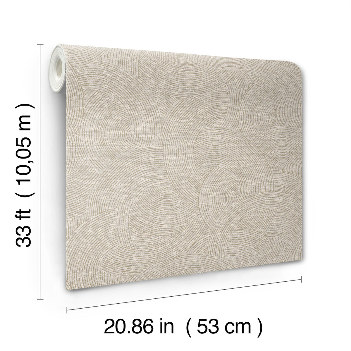 The Chesapeake Harrison Swirling Geometric Wallpaper by York Wallcoverings is displayed in beige, featuring a subtle curved line pattern. The roll measures 33 ft (10.05 m) in length and 20.86 in (53 cm) in width.