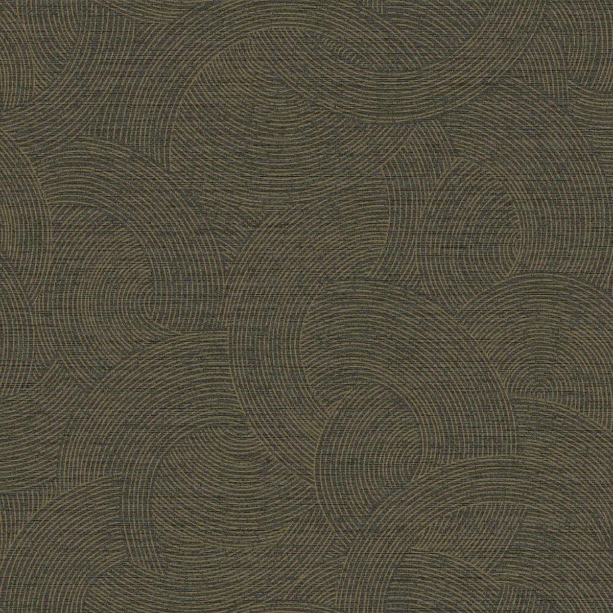 The Chesapeake Harrison Swirling Geometric Wallpaper by York Wallcoverings features a layered geometric design with intersecting dark brown curved lines forming overlapping arcs and semi-circles on a textured black background.