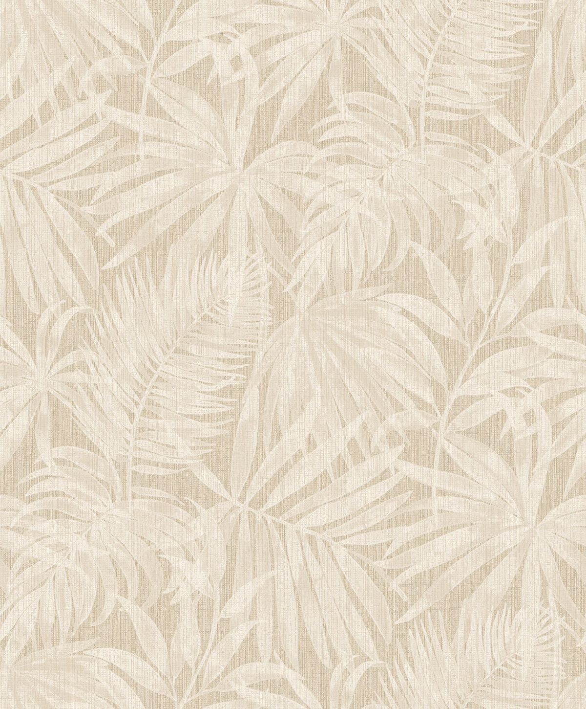 Chesapeake Sonny Fronds Wallpaper by York Wallcoverings features a subtle, repeating tropical palm leaf pattern in beige and off-white, offering a textured and natural look. This soft, monochromatic design creates a calm and elegant backdrop for any space.