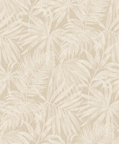 Chesapeake Sonny Fronds Wallpaper by York Wallcoverings features a subtle, repeating tropical palm leaf pattern in beige and off-white, offering a textured and natural look. This soft, monochromatic design creates a calm and elegant backdrop for any space.