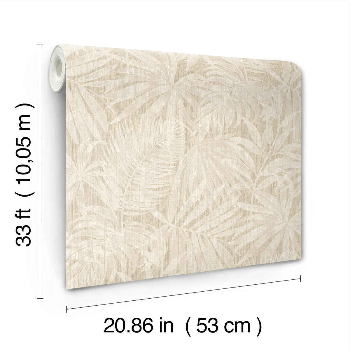 The Chesapeake Sonny Fronds Wallpaper by York Wallcoverings is a beige wallpaper roll featuring a subtle leaf pattern, measuring 33 feet (10.05 meters) in length and 20.86 inches (53 cm) in width, shown with labeled dimensions.