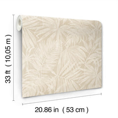The Chesapeake Sonny Fronds Wallpaper by York Wallcoverings is a beige wallpaper roll featuring a subtle leaf pattern, measuring 33 feet (10.05 meters) in length and 20.86 inches (53 cm) in width, shown with labeled dimensions.