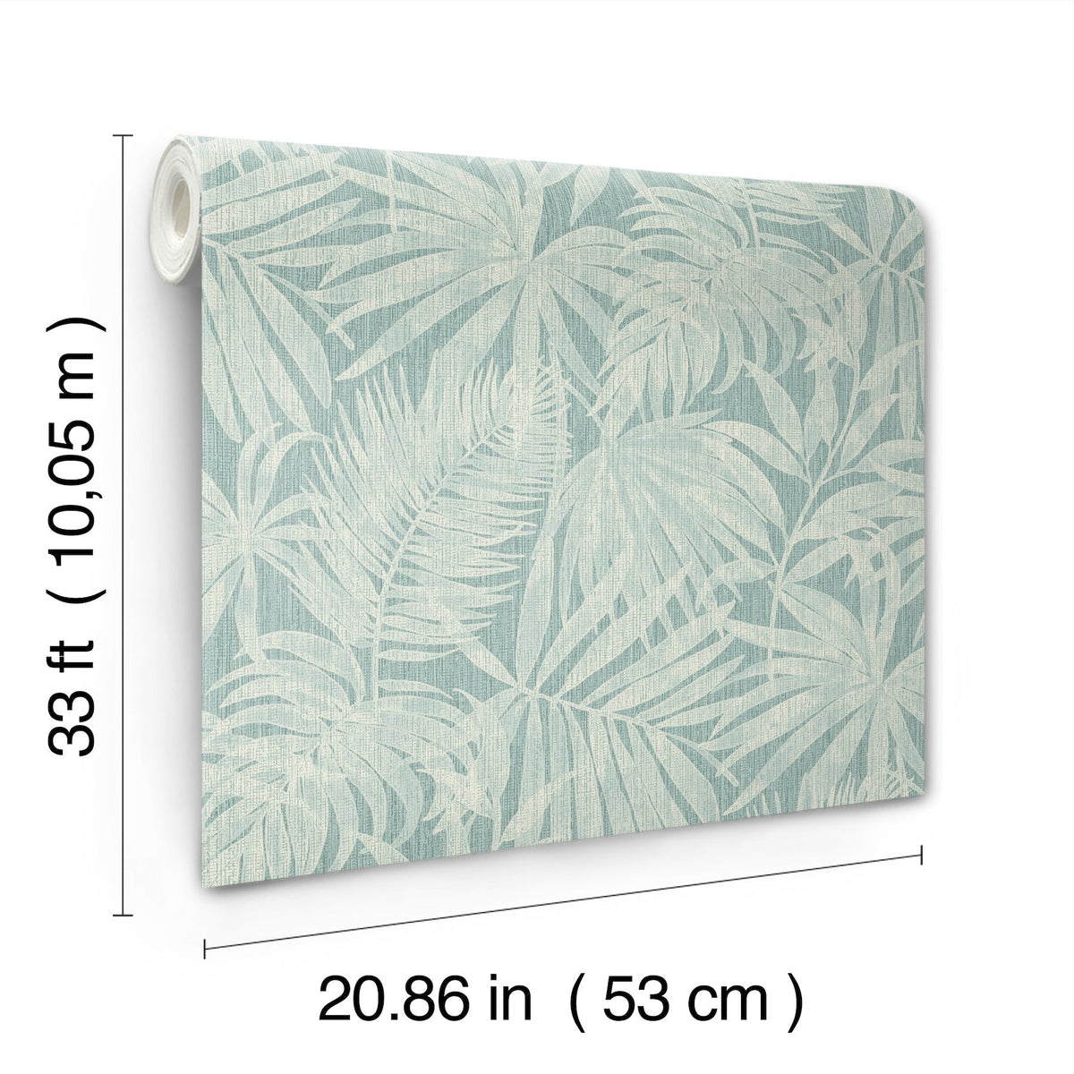 Chesapeake Sonny Fronds Wallpaper by York Wallcoverings features a pale leaf pattern in light blue and white, and comes in a roll measuring 33 ft (10.05 m) long and 20.86 in (53 cm) wide.