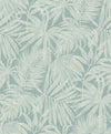 The Chesapeake Sonny Fronds Wallpaper by York Wallcoverings features a light blue and white tropical palm leaf pattern with overlapping leaves set against a textured background, creating a soft, botanical, and relaxing design.