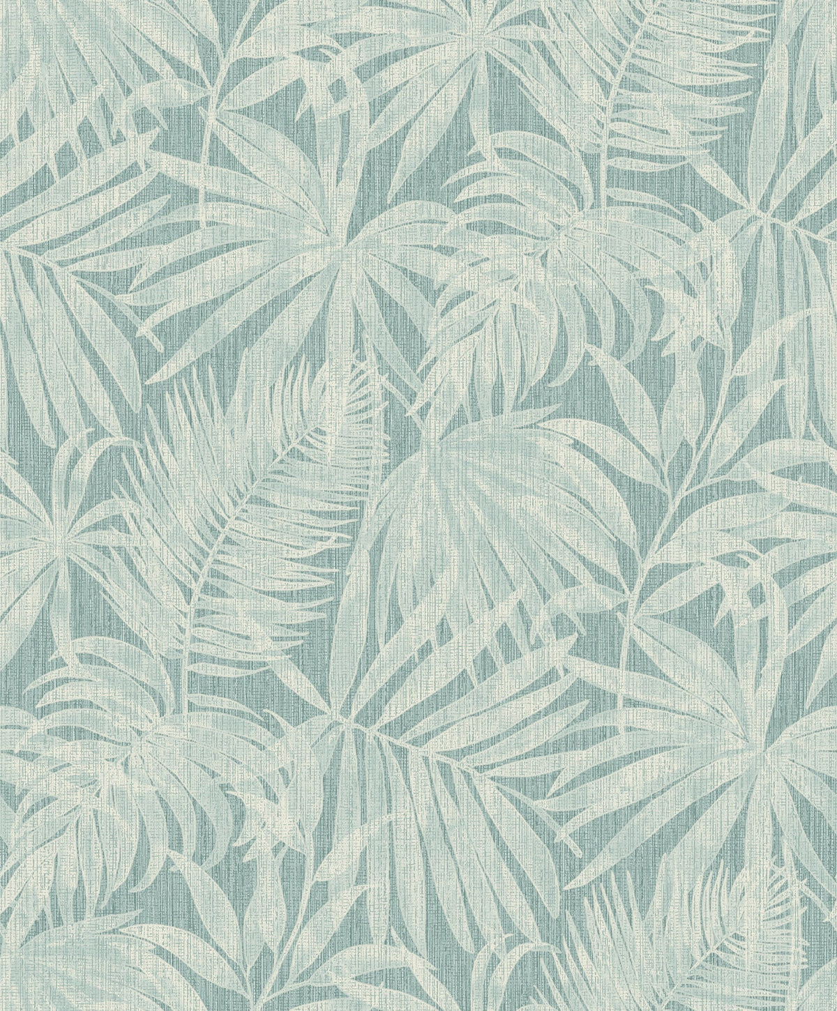 The Chesapeake Sonny Fronds Wallpaper by York Wallcoverings features a light blue and white tropical palm leaf pattern with overlapping leaves set against a textured background, creating a soft, botanical, and relaxing design.