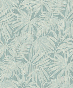 The Chesapeake Sonny Fronds Wallpaper by York Wallcoverings features a light blue and white tropical palm leaf pattern with overlapping leaves set against a textured background, creating a soft, botanical, and relaxing design.