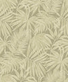The Chesapeake Sonny Fronds Wallpaper by York Wallcoverings features overlapping beige tropical palm leaves set against a textured, muted green background, creating a subtle and natural leafy pattern. This seamless and decorative design evokes a calm, botanical atmosphere.