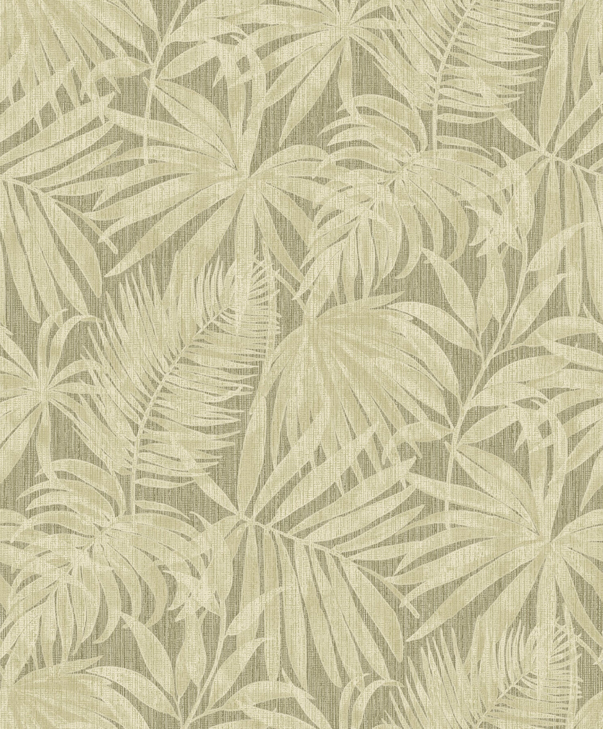 The Chesapeake Sonny Fronds Wallpaper by York Wallcoverings features overlapping beige tropical palm leaves set against a textured, muted green background, creating a subtle and natural leafy pattern. This seamless and decorative design evokes a calm, botanical atmosphere.