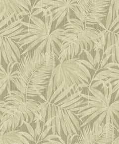 The Chesapeake Sonny Fronds Wallpaper by York Wallcoverings features overlapping beige tropical palm leaves set against a textured, muted green background, creating a subtle and natural leafy pattern. This seamless and decorative design evokes a calm, botanical atmosphere.