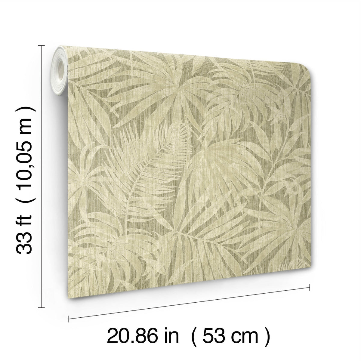 The Chesapeake Sonny Fronds Wallpaper by York Wallcoverings is a roll of beige wallpaper featuring a subtle tropical leaf pattern, measuring 33 ft (10.05 m) in length and 20.86 in (53 cm) in width.
