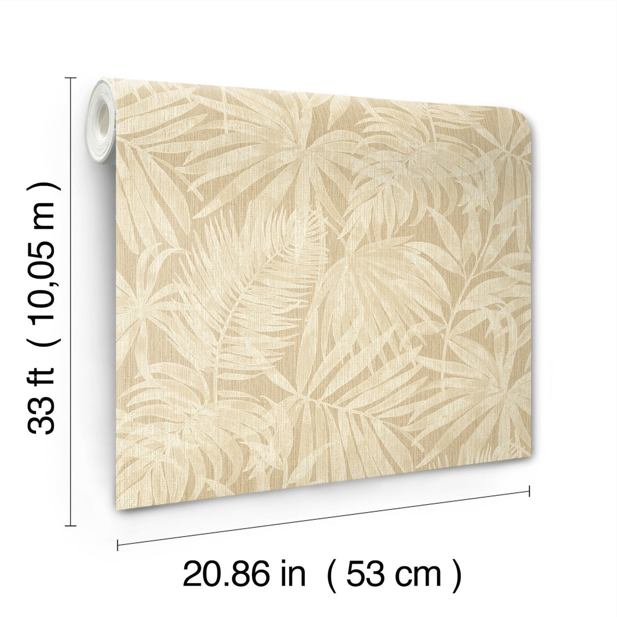 The Chesapeake Sonny Fronds Wallpaper by York Wallcoverings features a beige tropical leaf pattern and comes in a roll measuring 33 ft (10.05 m) long and 20.86 in (53 cm) wide, displayed upright with dimensions labeled.