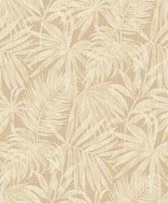 Chesapeake Sonny Fronds Wallpaper by York Wallcoverings features a beige tropical palm leaf pattern on a textured background, with overlapping leaves and subtle shading that creates a natural, woven appearance.