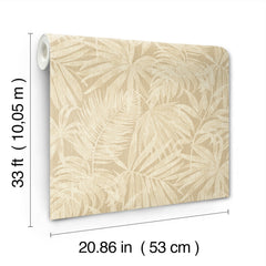 The York Wallcoverings Chesapeake Sonny Fronds Wallpaper features a leafy pattern in beige and comes in a roll measuring 33 ft (10.05 m) long and 20.86 in (53 cm) wide.