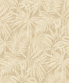 The Chesapeake Sonny Fronds Wallpaper by York Wallcoverings features a beige-toned, monochromatic design with overlapping palm and fern leaves in soft, tropical hues for a subtly textured effect.